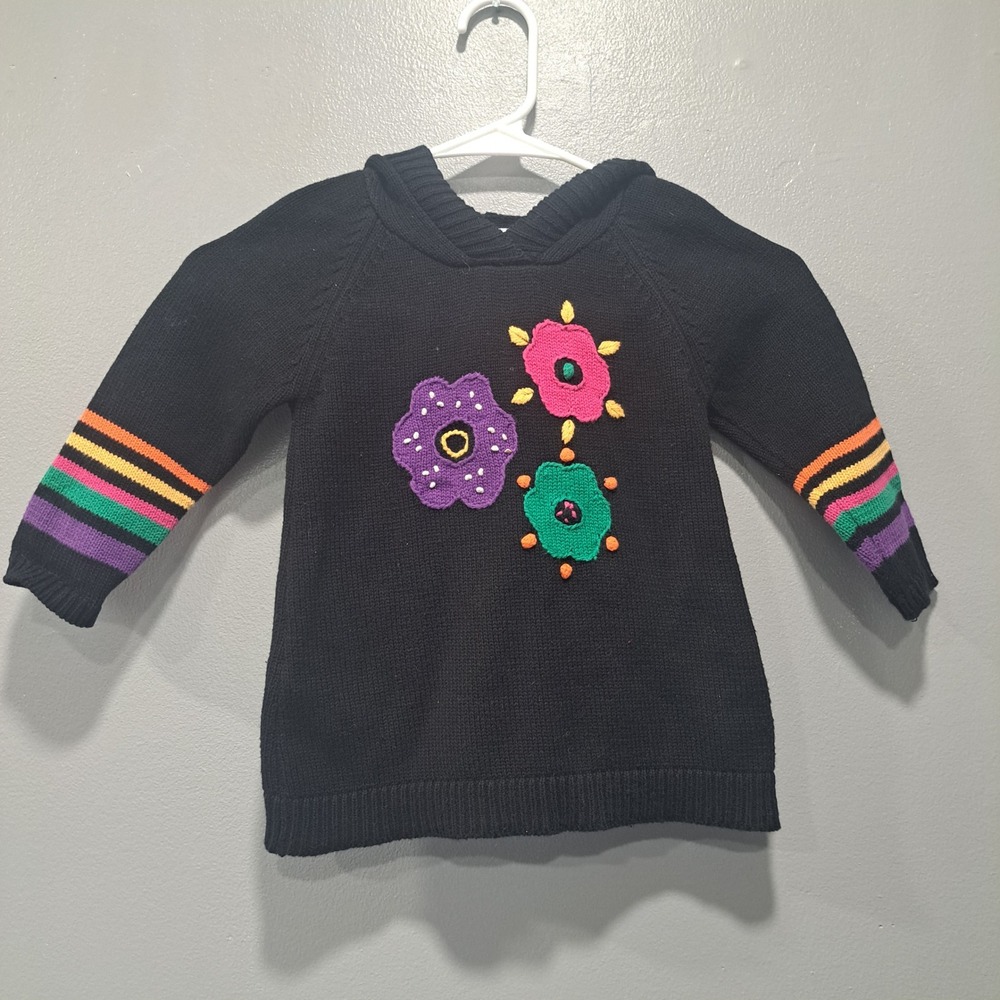 Hanna Andersson Black Cotton Knit Hooded Sweater Floral Rainbow Stripe Sz 90 / 3